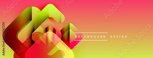 Abstract geometric shapes overlap, creating vibrant gradient effect. Yellows, oranges, reds dominate composition. Modern design element.