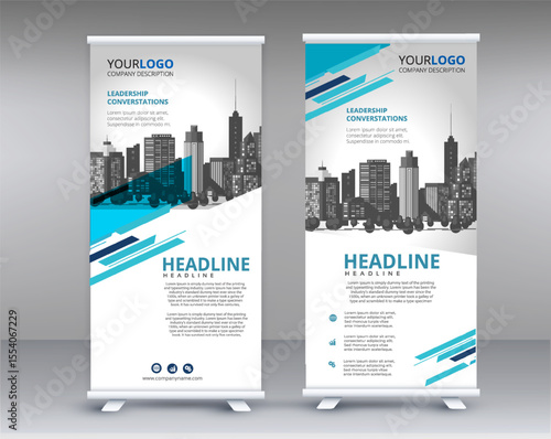 Modern design of roll-up advertising stand, banner template for the exhibition, creative geometric background for photo and text placement.