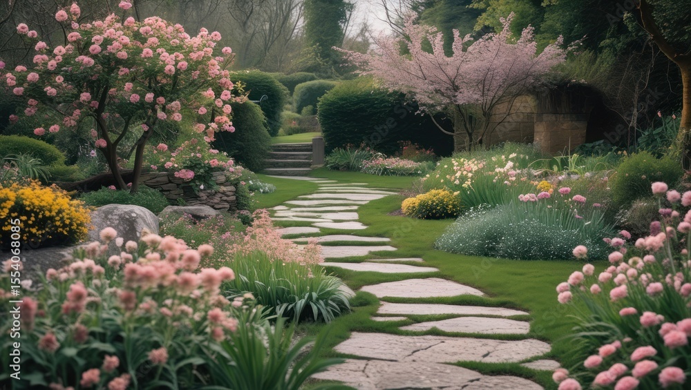 Fototapeta premium Tranquil garden landscape with a stone pathway and blooming flowers