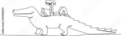 Single one line drawing boy reading book on cute crocodile. Lying on the back reading book. Serious but relaxed. The nerd. Boy Reading Book at Animal Back. Continuous line design graphic illustration
