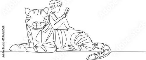 Single continuous line drawing boy reading book on cute tiger. The student who is repeating the subject. Studying. Smart. The nerd. Boy Reading Book at Animal Back. One line design vector illustration
