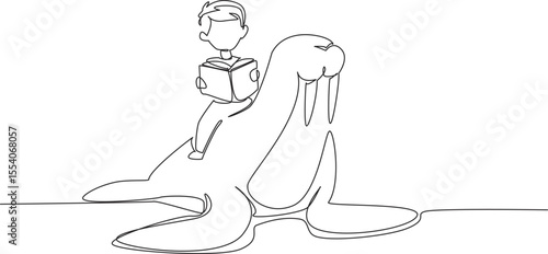 Single one line drawing boy reading book on cute walrus. Reading while practicing. Getting know animal anatomy. The nerd. Boy Reading Book at Animal Back. Continuous line design graphic illustration