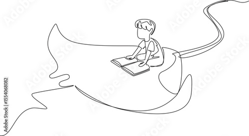 Single continuous line drawing boy reading book on cute stingray swimming. Read about the poisonous tail of the stingray. Beware. Boy Reading Book at Animal Back. One line design vector illustration