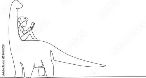 Single one line drawing young boy reading book on cute brontosaurus. Serious reading about the existence of dinosaurs. Boy Reading Book at Animal Back. Continuous line design graphic illustration