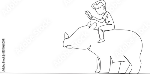 Continuous one line drawing boy reading book on cute rhinoceros. Read about one of the largest remaining megafauna. Nerd. Boy Reading Book at Animal Back. Single line draw design vector illustration