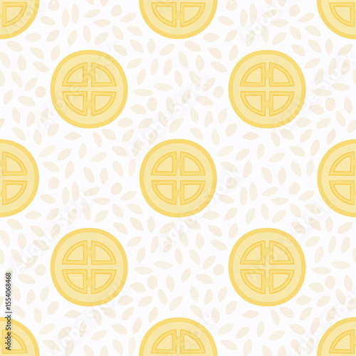 Seamless pattern of yellow circular rice cakes and scattered rice grains background
