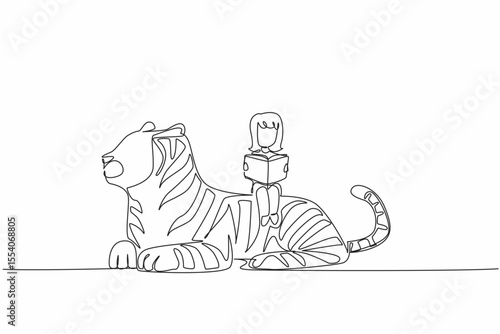 Single continuous line drawing girl reading book on cute tiger. Never stop seeking knowledge. Young girl who loves to study. Nerd. Girl Reading Book at Animal Back. One line design vector illustration