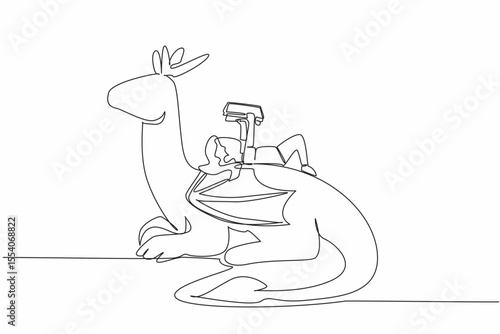 Single one line drawing girl reading book on cute dragon. Relaxing while reading. Increasing knowledge in various ways. Girl Reading Book at Animal Back. Continuous line design graphic illustration
