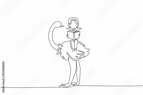 Single continuous line drawing young girl reading book on cute ostrich. Read about the uniqueness and specialness of ostriches. Girl Reading Book at Animal Back. One line design vector illustration