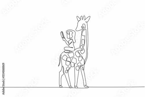 Single one line drawing girl reading book on cute giraffe. Read about the tallest living land animal. Increase knowledge. Girl Reading Book at Animal Back. Continuous line design graphic illustration