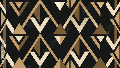 Black gold and beige geometric pattern with interlocking triangles seamless