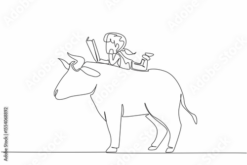 Single one line drawing the young girl reading book on cute bull. Lying face down reading seriously. Focus. The nerd. Girl Reading Book at Animal Back. Continuous line design graphic illustration