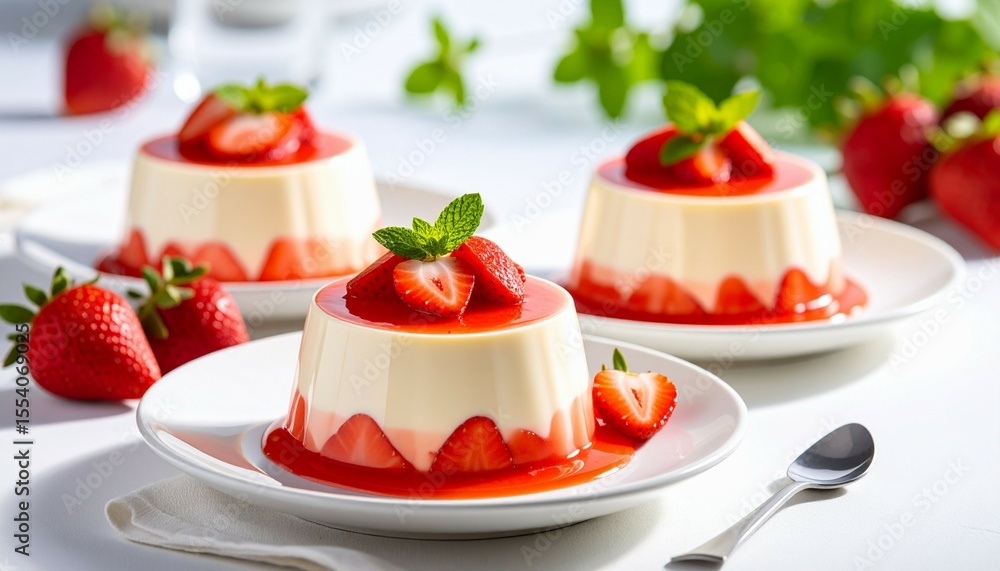 Strawberry pudding at plate with vanilla topping Strawberry pudding at plate with vanilla topping