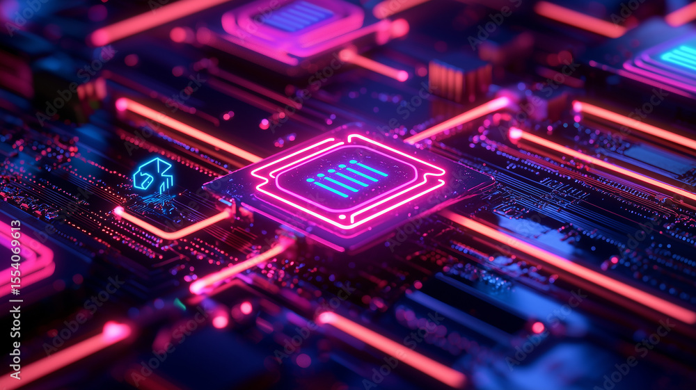 Glowing API and AI Icons Connected by Neon Lines.
Glowing API and AI Icons Connected by Neon Lines.