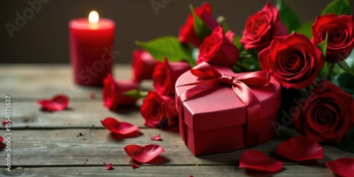 Romantic heart-shaped gift box with a satin ribbon, surrounded by a bouquet of deep red roses and scattered petals, illuminated by a softly glowing candle on a rustic wooden surface.