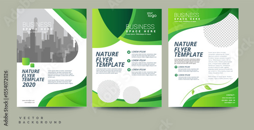 Green eco flyer, poster, brochure, magazine, annual report, booklet, cover banner template. Modern green leaf, environment design