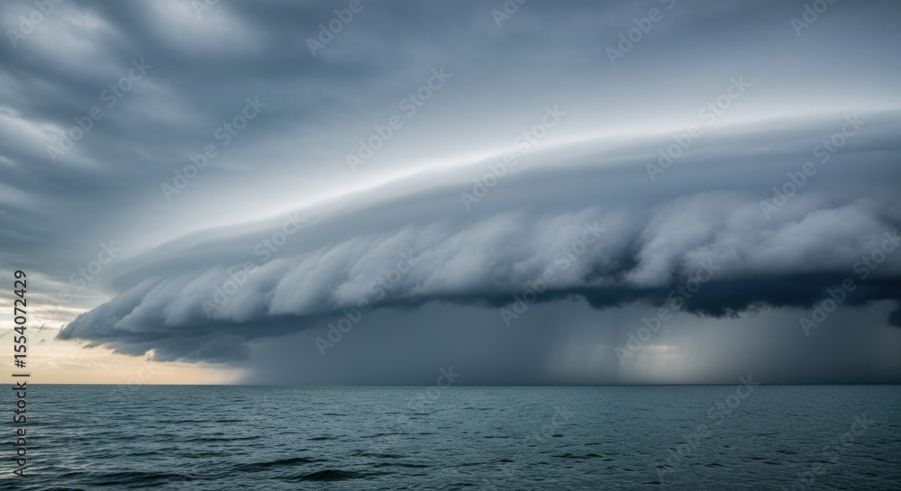 Naklejka premium Majestic Shelf Cloud Formation Over the Ocean During a Powerful Storm