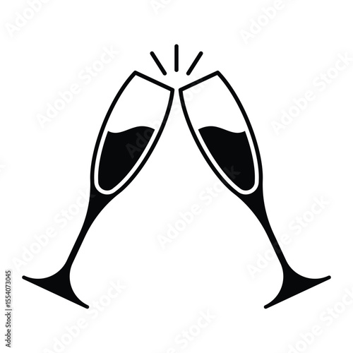 Champagne glasses clinking icon. Toasting flutes silhouette for celebration, party, New Year, wedding, or anniversary. Vector illustration, isolated.