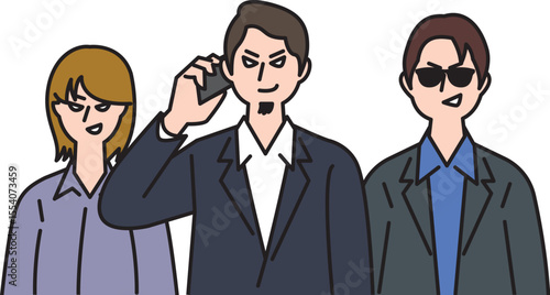 スーツを着て電話をかける特殊詐欺グループ