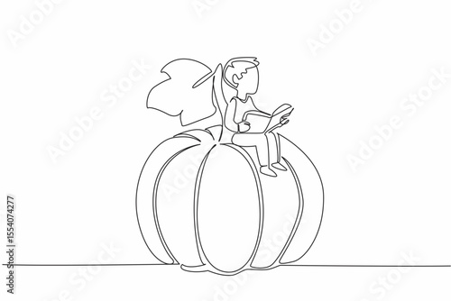 Single continuous line drawing young boy reading on pumpkin leaf. Feel the coolness when studying in nature. Focus. Nerd. Boy Reading Book at Vegetables and Fruits. One line design vector illustration