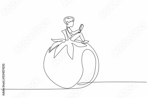 Continuous one line drawing young boy reading on tomato. Read seriously. Looking for additional knowledge. Nerd. Boy Reading Book at Vegetables and Fruits. Single line draw design vector illustration