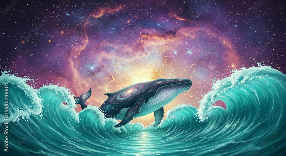 Naklejka premium Whale in cosmic waves