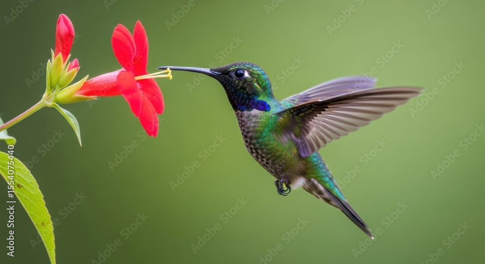 Fototapeta premium Tiny iridescent hummingbird hovers near a vibrant red tubular flower collecting nectar on a soft green background