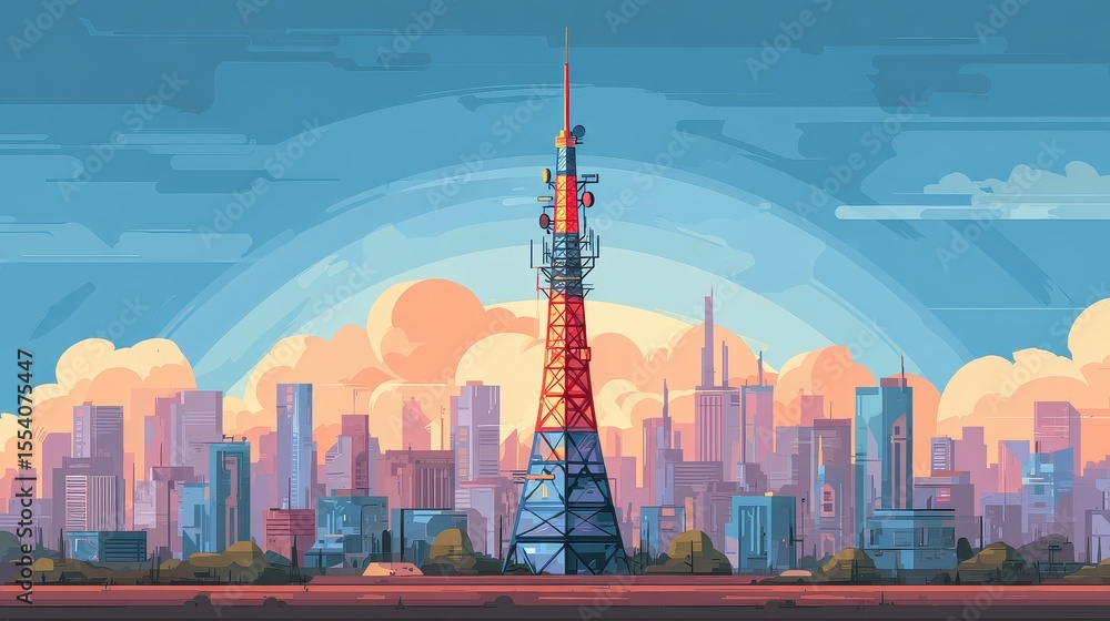 Obraz premium Mobile network tower transmitting signal flat design front view futuristic city theme animation Triadic Color Scheme.