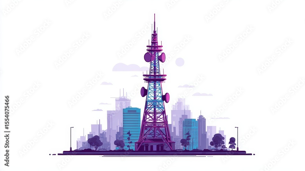 Obraz premium Mobile network tower transmitting signal flat design front view futuristic city theme animation Triadic Color Scheme.