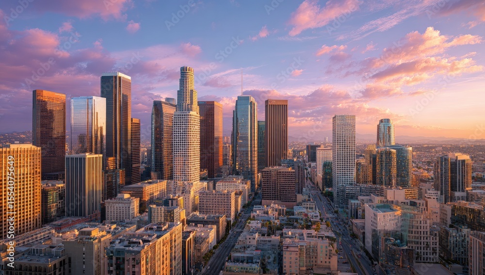 Fototapeta premium Panoramic sunset view of a sprawling city skyline, showcasing diverse architecture and vibrant colors