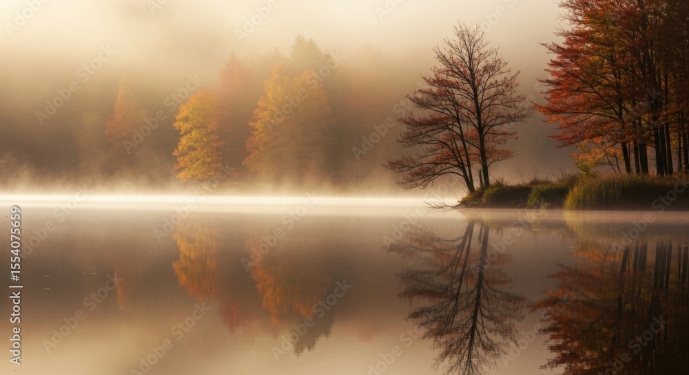 Naklejka premium Misty Morning Lake Reflection Autumn Trees Golden Hour Light