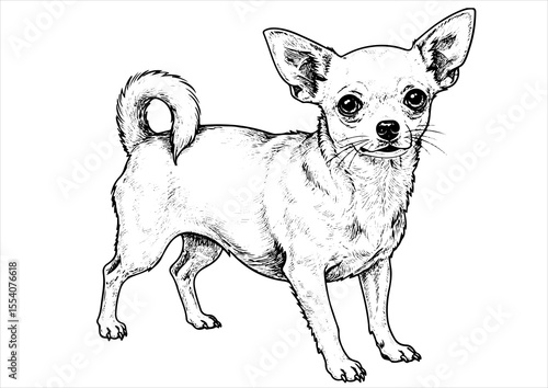 chihuahua dog pet portrait engraving intricate retro hand drawn style line art black and white vector illustration, isolated on white background

