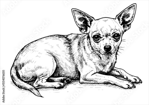 chihuahua dog pet portrait engraving intricate retro hand drawn style line art black and white vector illustration, isolated on white background
