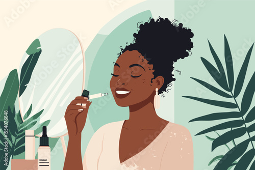African woman applying niacinamide serum with dropper while smiling at mirror vector illustration