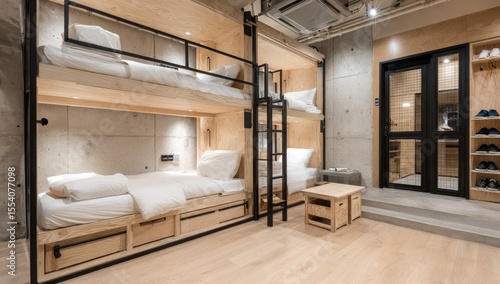 Modern hostel room with bunk beds, minimalist design, light wood, and concrete walls