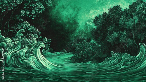 Emerald waves crash against a dark forest.