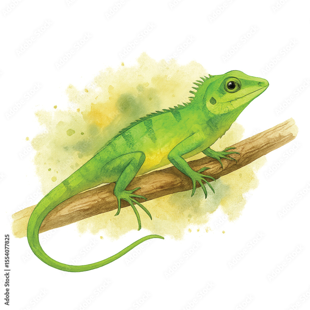 Fototapeta premium Green crested lizard watercolor illustration – Thai reptile animal