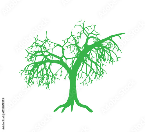 A stylized green silhouette of a leafless, gnarled tree with exposed roots.