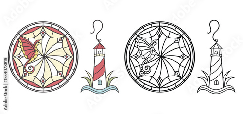 Vector illustration featuring decorative stained glass elements with ornate seahorse and lighthouse in stylized design