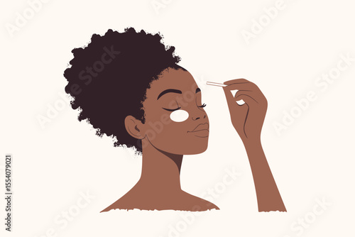 African woman applying spot treatment to blemish using Q-tip, skin positivity vibe vector illustration