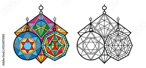 Vector illustration of geometric stained glass ornaments in vibrant colors and contrasting black and white styles.