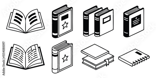 Minimalist Book Icon Set – Open, Closed, and Stacked Books in Silhouette