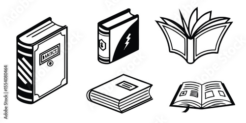 Minimalist Book Icon Set – Open, Closed, and Stacked Books in Silhouette