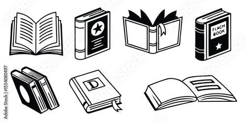 Minimalist Book Icon Set – Open, Closed, and Stacked Books in Silhouette