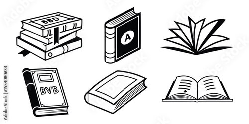 Minimalist Book Icon Set – Open, Closed, and Stacked Books in Silhouette