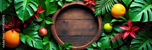 Empty circular wooden frame nestled in vibrant tropical foliage , photography, background, green