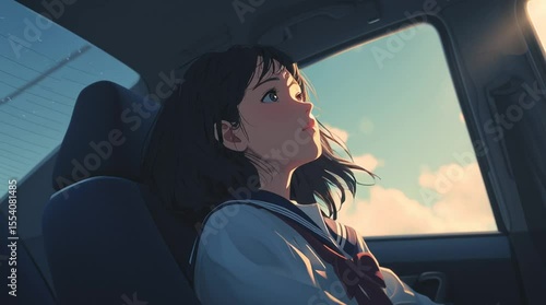 Young girl gazing out car window during sunset  