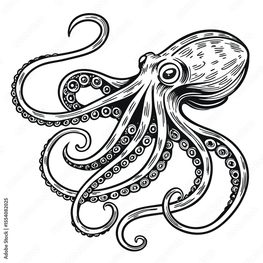 Fototapeta premium Engraved Octopus with Tentacles – Nautical Vector Illustration in Etching Style