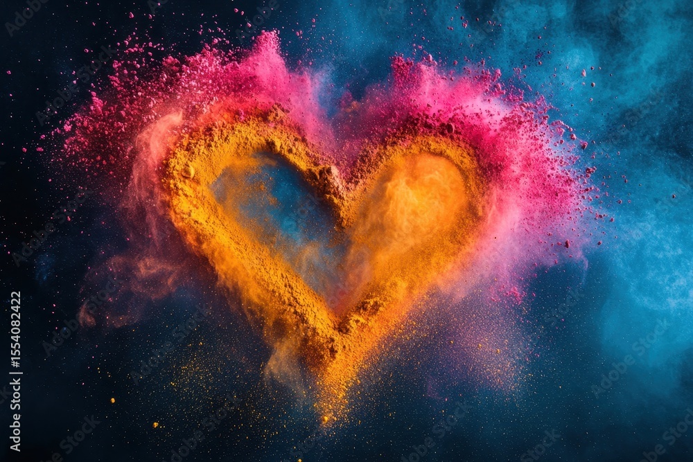 Fototapeta premium Colorful powder explosion forms a heart shape on a dark blue background. Use it to represent love, holi festival, passion, or creative projects.
