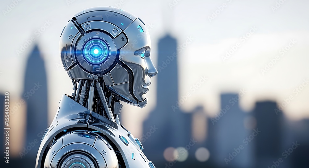 Fototapeta premium Futuristic robot with cityscape background exploring artificial intelligence and technological progress